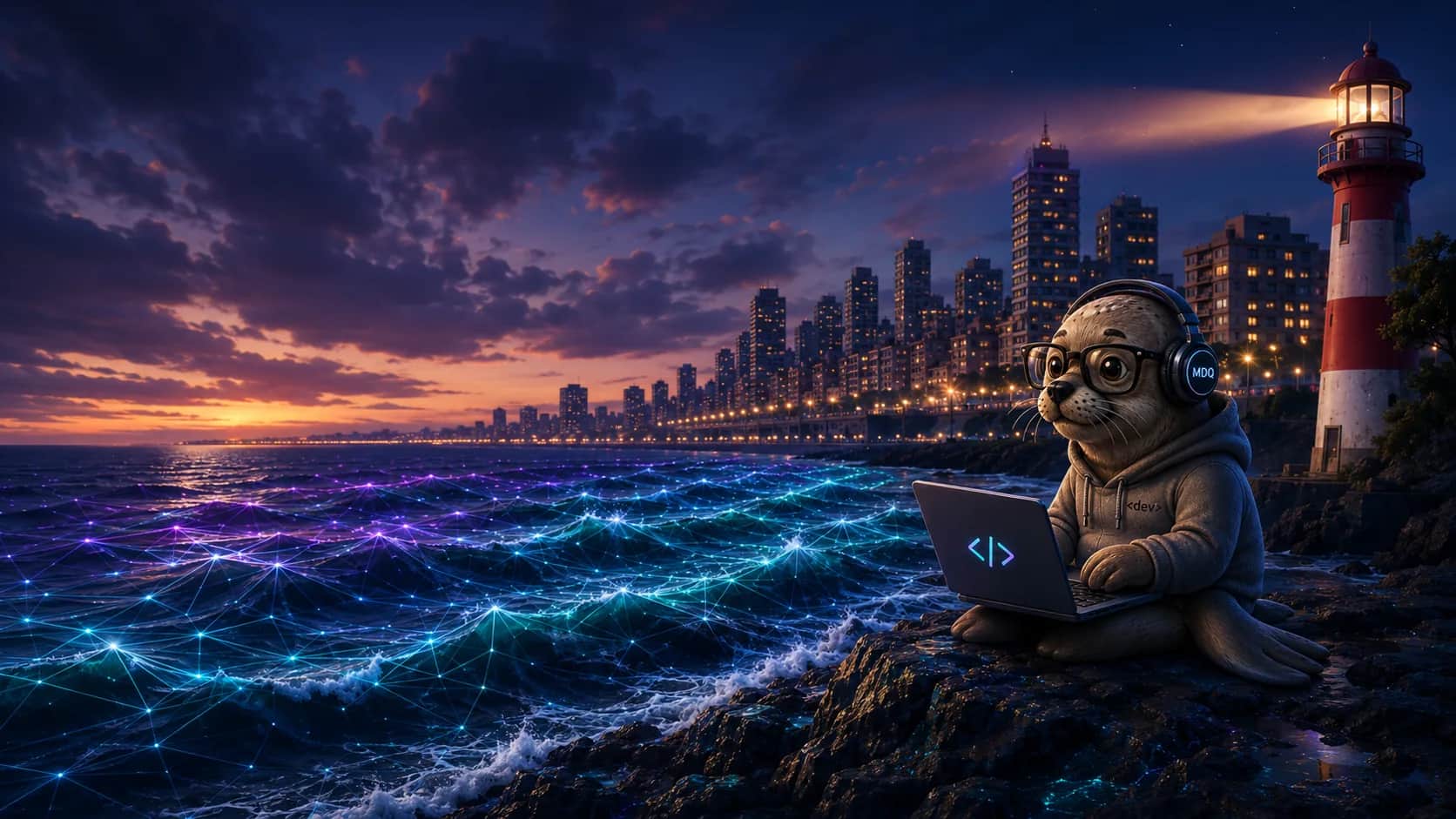 Mar del Plata al atardecer con lobo programador